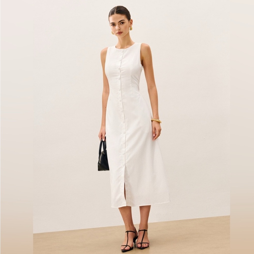 Commense Cotton & Linen Button-Front Sleeveless Dress With Tie NWT Size L - Picture 5 of 9
